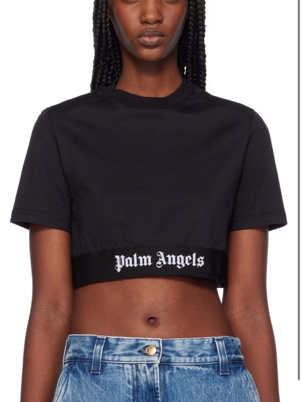 Palm Angels Black Cropped Logo Tee with White Script